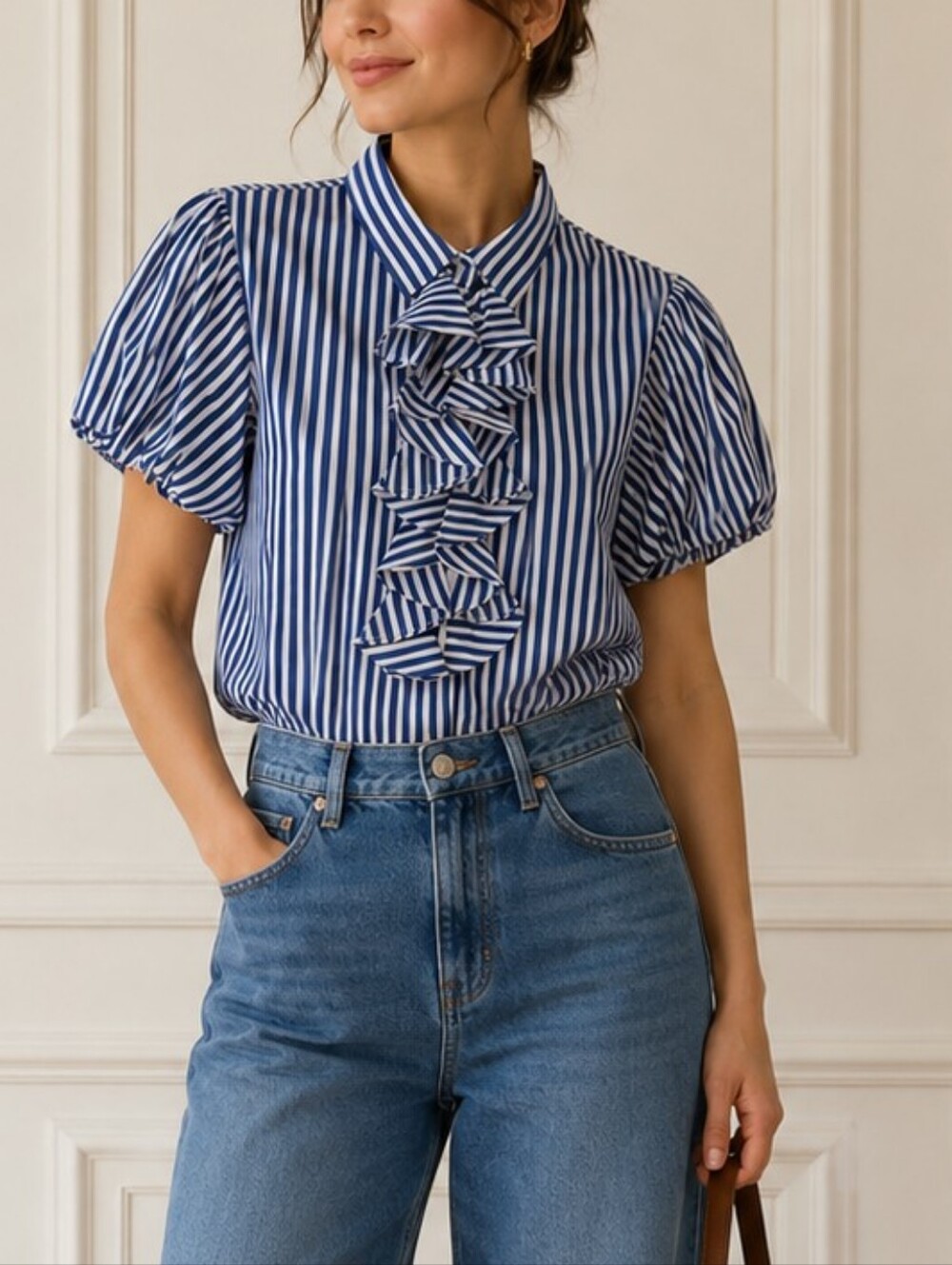 Lauren Ralph Lauren Blue and White Striped Ruffle Front Blouse